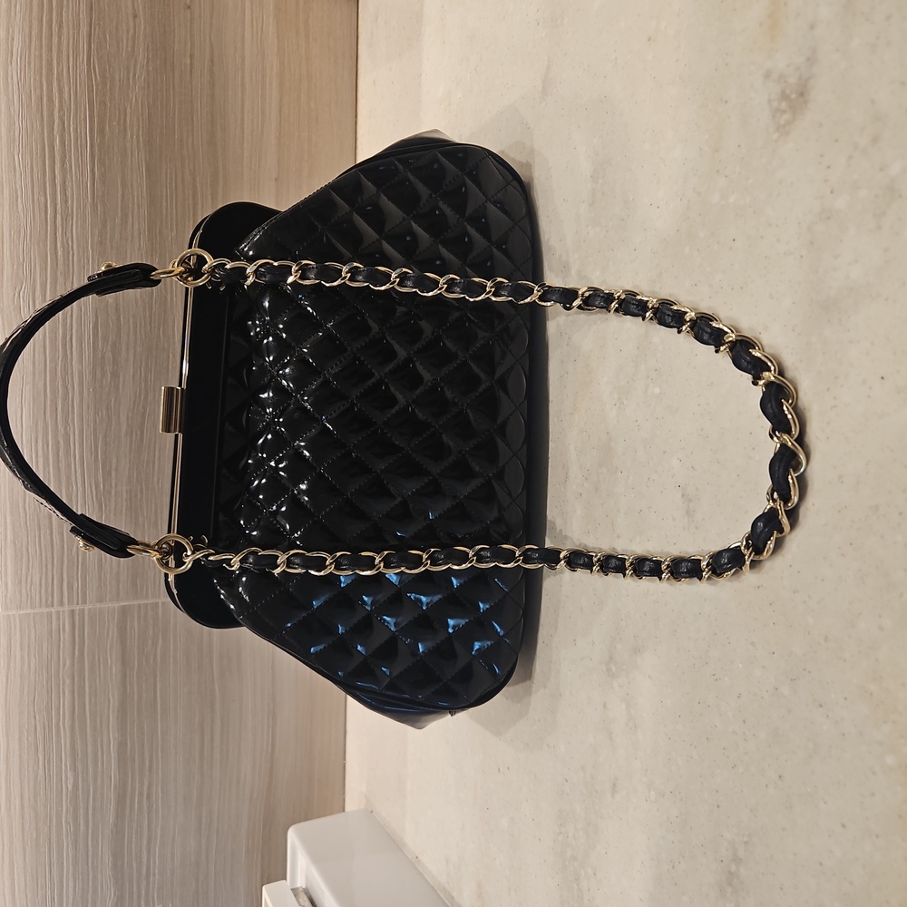 Chanel Mademoiselle Quilted Satchel Black Patent w/Gold Accents